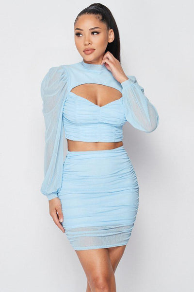 Sexy Sheer Cutout Puff Sleeved Top And Skirt Set - AMIClubwear
