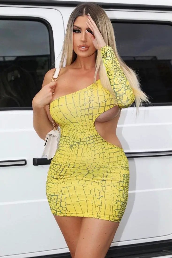Sexy Yellow Scale Print One Sleeve Cutout Club Dress  AMIClubwear