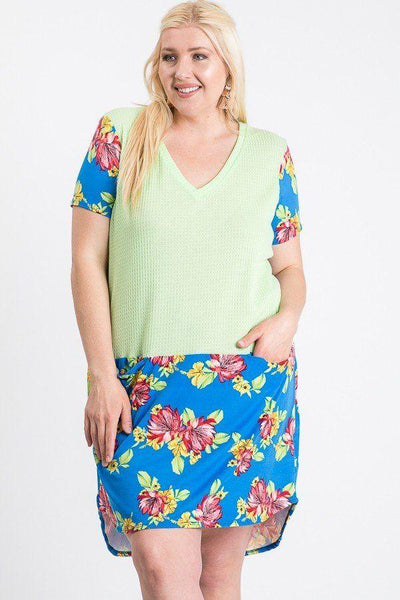 Short Sleeve Floral Blocked Midi Dress With Front Pocket - AMIClubwear