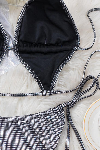 Silver Black Holographic Multi Style Draw String 2 Pc Swimsuit Set Bikini - AMIClubwear