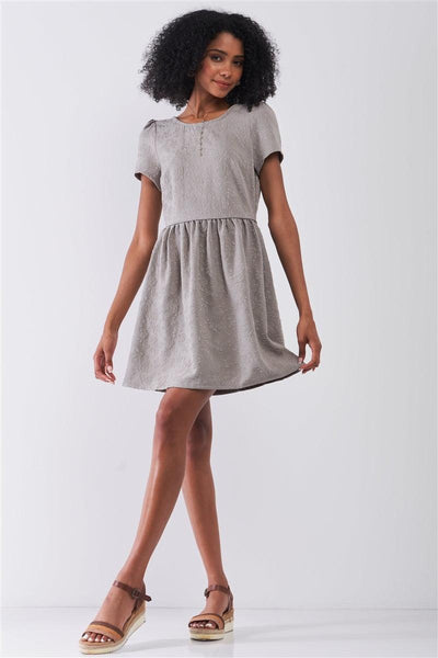 Silver Grey Floral Embroidery Round Neck Short Sleeve Mini Dress - AMIClubwear