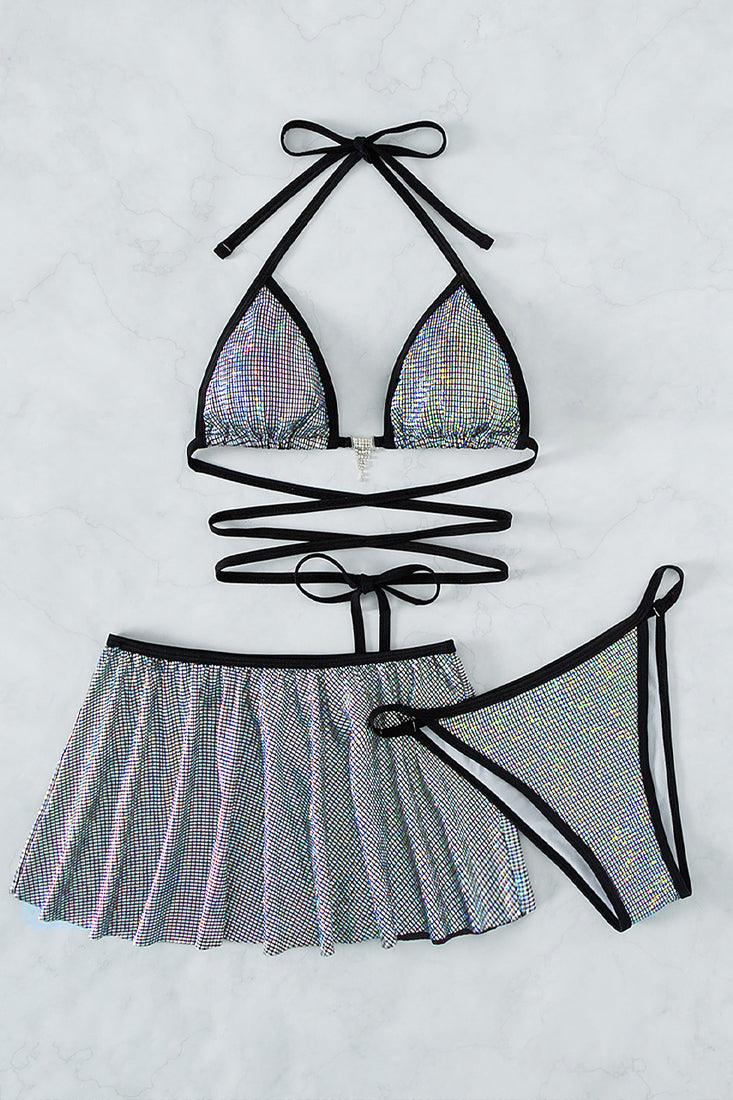 Silver Holographic Rhinestone Cheeky Skirt 3Pc Swimsuit Set - AMIClubwear