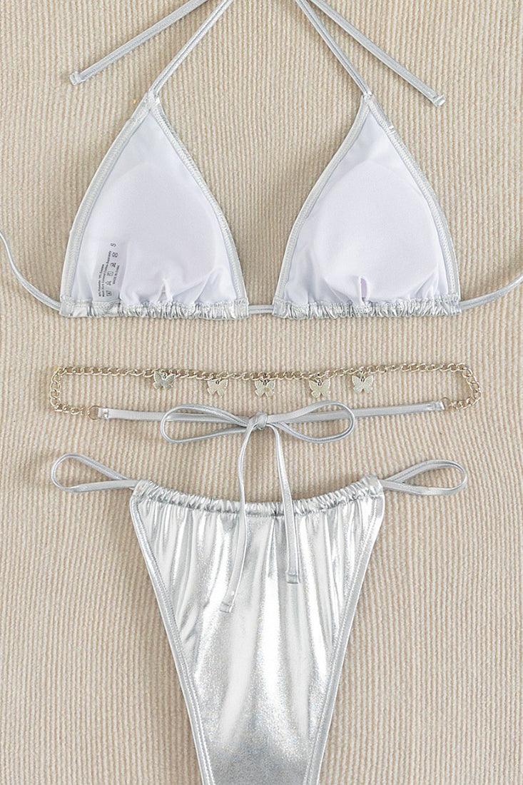 Silver Metallic Butterfly Body Chain Ultra Cheeky 3Pc Bikini Swimsuit Set - AMIClubwear