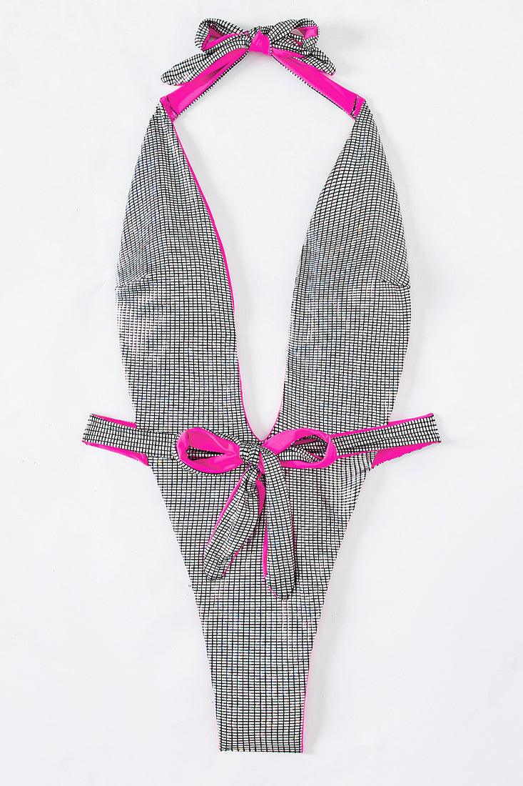 Silver Metallic Holographic Pink Lining Plunging Thong 1Pc Swisuit Monokini - AMIClubwear