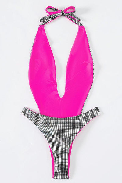 Silver Metallic Holographic Pink Lining Plunging Thong 1Pc Swisuit Monokini - AMIClubwear