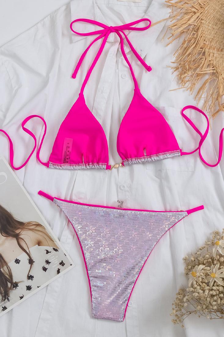 Silver Metallic Holographic Pink Piping Pearl Designer 2 Pc Swimsuit Set Bikini - AMIClubwear