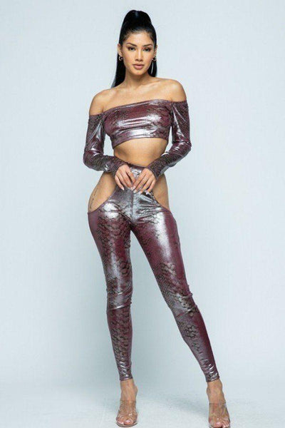 Snake Foil Print Off Shoulder Long Sleeve Top With Waist Band Under Side Cut Open Pants Set - AMIClubwear