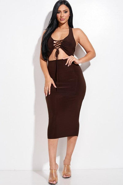 Solid Halter Neck Midi Dress With Criss Cross Front And Cutout - AMIClubwear