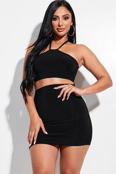 Solid Knit Double Layered Halter Neck Mini Dress With Front Cut Out - AMIClubwear