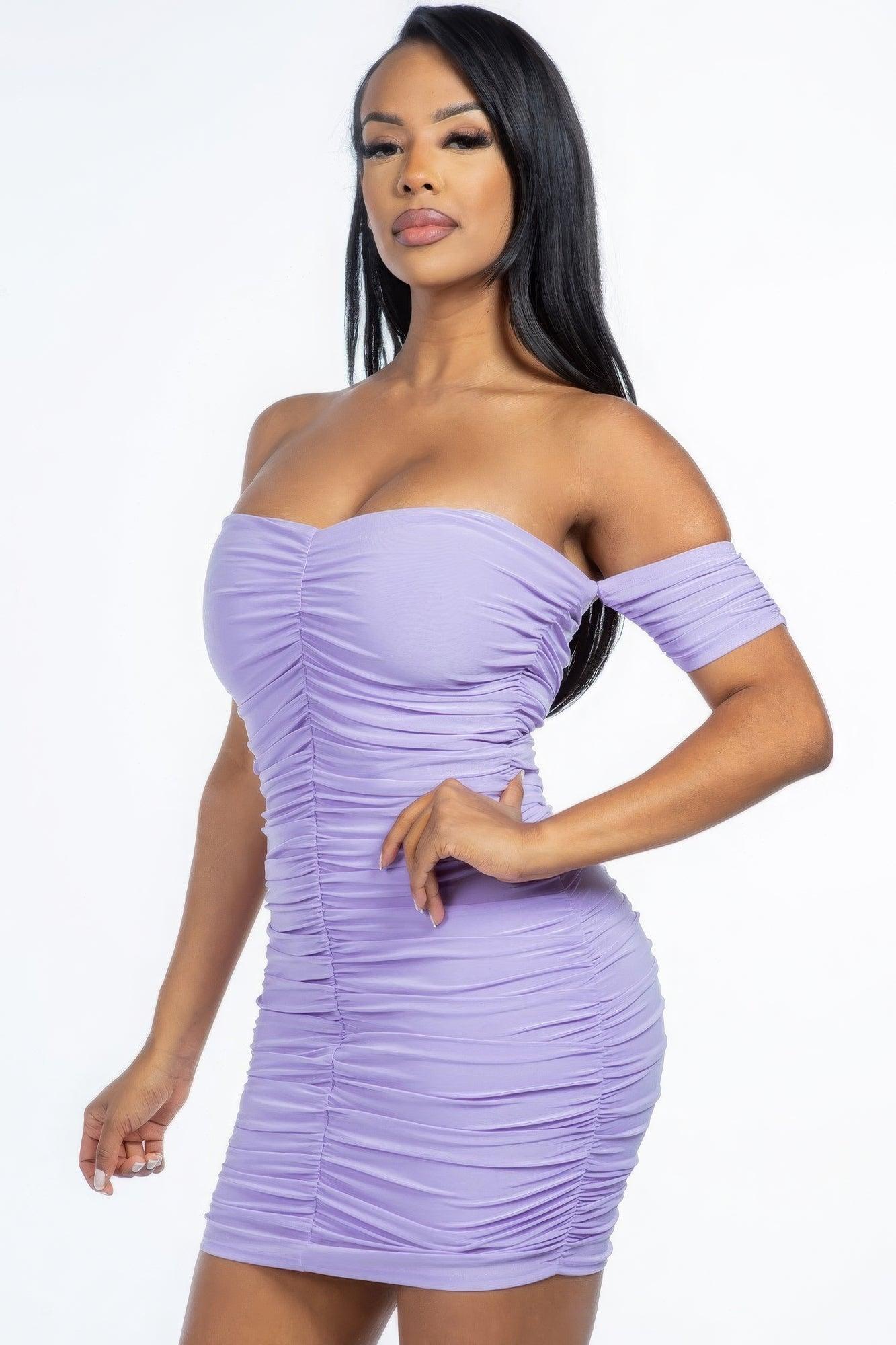 Solid Off The Shoulder Ruched Mini Dress - AMIClubwear