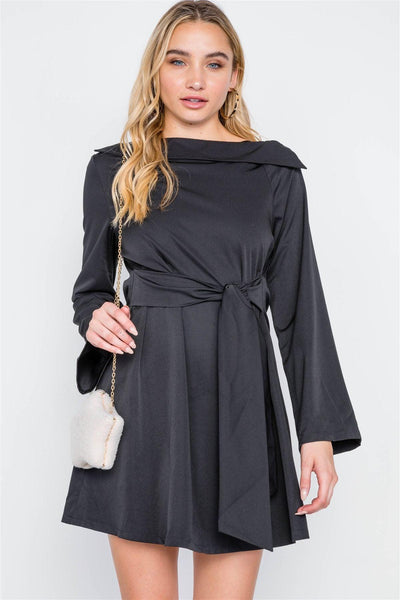 Straight Neck Solid Front-tie Dress - AMIClubwear