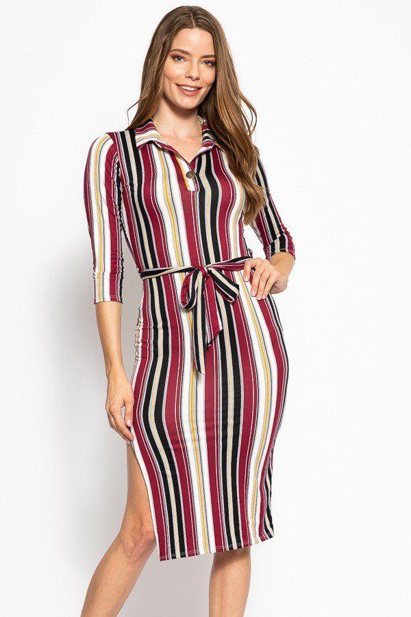 Stripes Print, Midi Tee Dress With 3/4 Sleeves, Collared V Neckline, Decorative Button, Matching Belt And A Side Slit - AMIClubwear