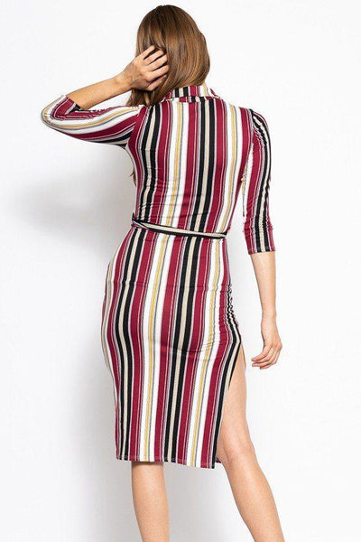 Stripes Print, Midi Tee Dress With 3/4 Sleeves, Collared V Neckline, Decorative Button, Matching Belt And A Side Slit - AMIClubwear