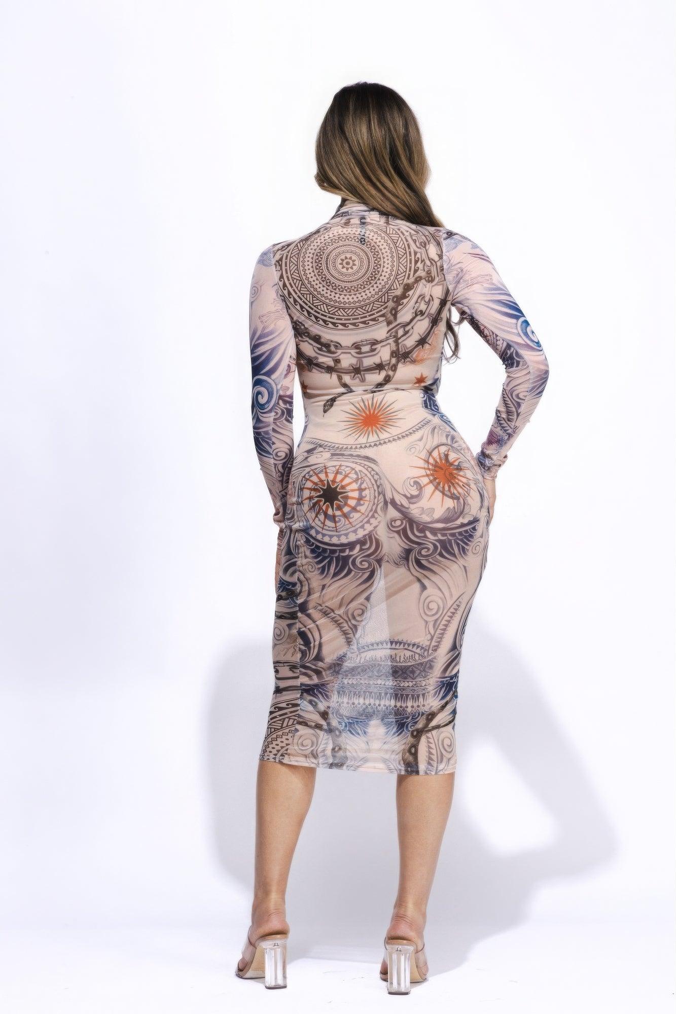 Tattoo Body Print Mesh Midi Dress - AMIClubwear