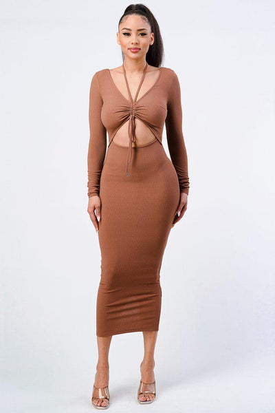 Trendy Front Shirring Cut-out Long Sleeved Dress - AMIClubwear