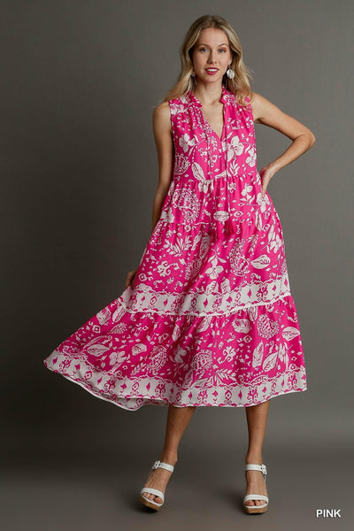 Two Tone Floral Paisley Sleeveless Midi Dress - AMIClubwear