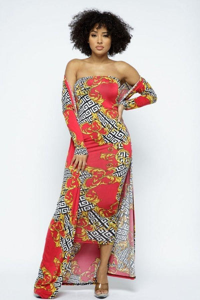 Venechia Print Tube Dress With Cardigan Set - AMIClubwear