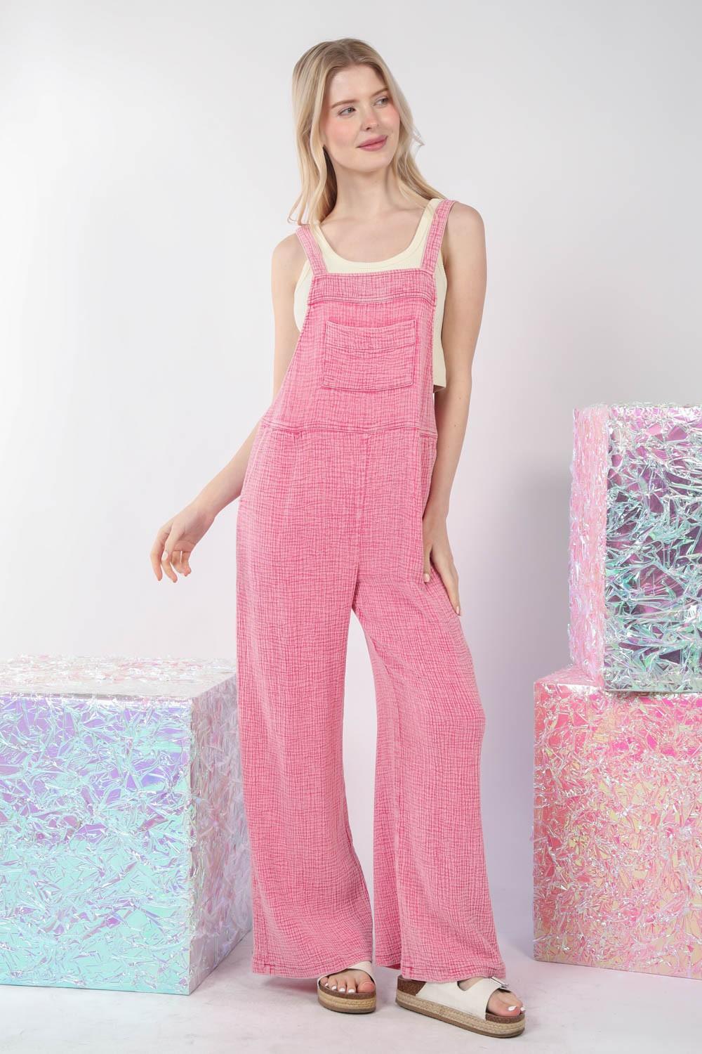 VERY J Texture Washed Wide Leg Overalls - AMIClubwear