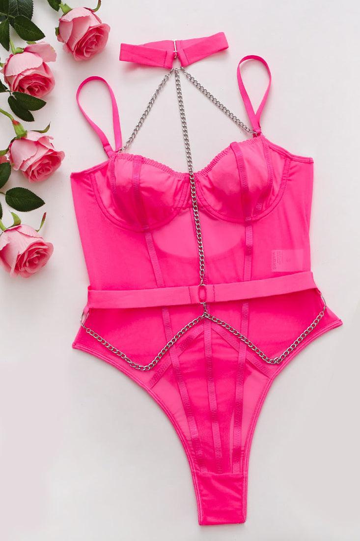 Pink Wired Push-Up Mesh Bandage Chain Sexy Teddy Thong 3Pc Lingerie Bodysuit