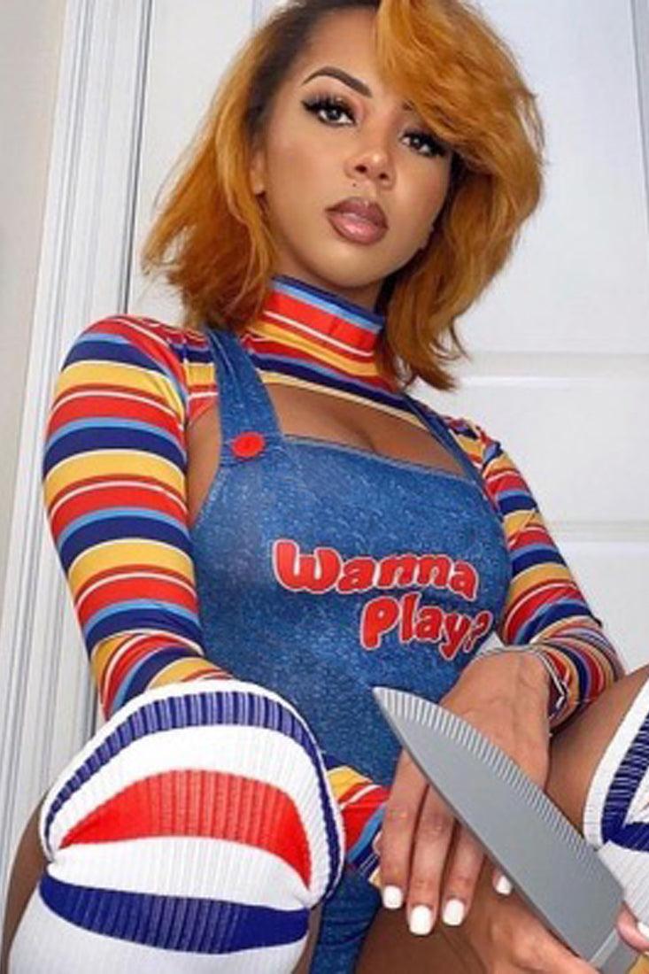 Multi Stripe Blue Overall Bodysuit 2 Pc Scary Doll Sexy Costume AMIClubwear Multi Stripe Blue Overall Bodysuit 2 Pc Scary Doll Sexy Costume AMIClubwear