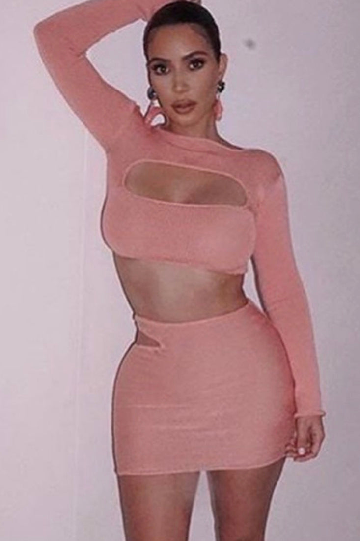 Peach Cut Out Long Sleeve Two Piece Dress