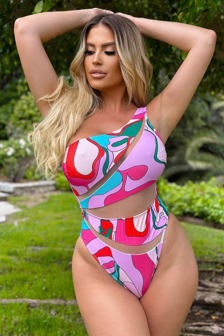 Sexy Pink Color Block Monokini With Mesh Cutout