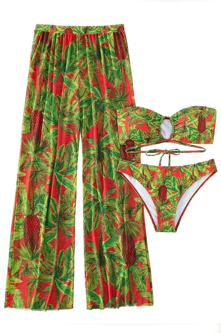 Green Red Palm Tree Print Bandeau High Waist Cheeky Pants Cover-Up 3Pc Swimsuit Set