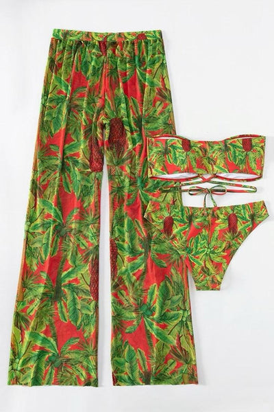 Green Red Palm Tree Print Bandeau High Waist Cheeky Pants Cover-Up 3Pc Swimsuit Set - AMIClubwear