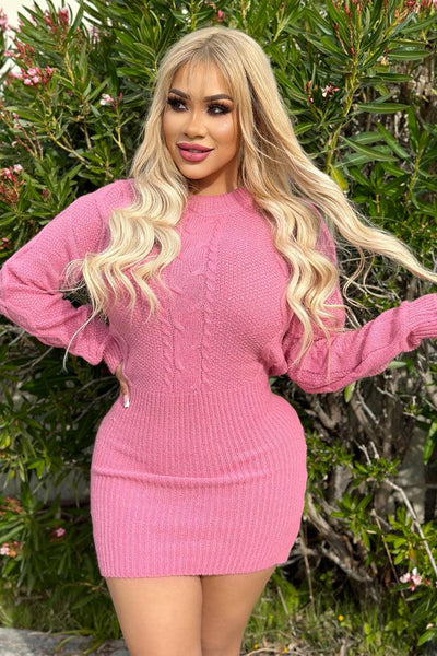 Pink Chunky Knit Long Sleeves Fitted Bottom Sexy Sweater Dress - AMIClubwear
