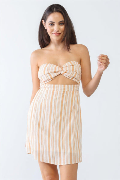White & Apricot Stripe Print Strapless Twist Cut-out Smocked Back Mini Dress - AMIClubwear