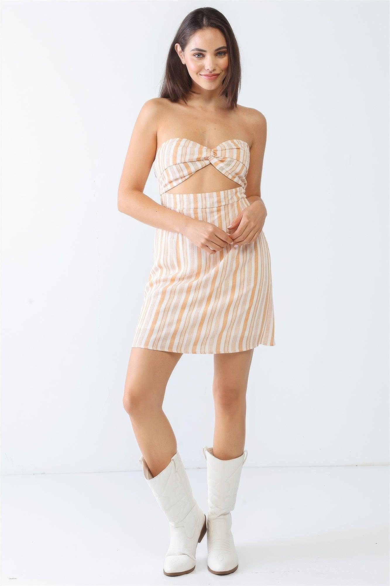 White & Apricot Stripe Print Strapless Twist Cut-out Smocked Back Mini Dress - AMIClubwear