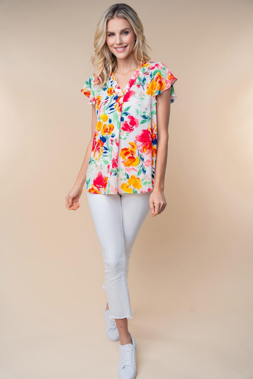 White Birch Full Size Short Sleeve Floral Woven Top - AMIClubwear