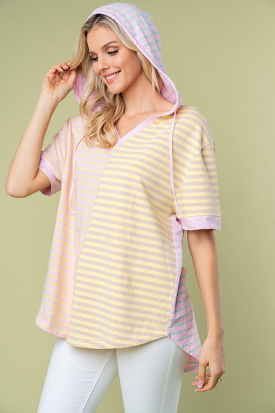 White Birch Full Size Striped Short Sleeve Drawstring Hooded Top - AMIClubwear