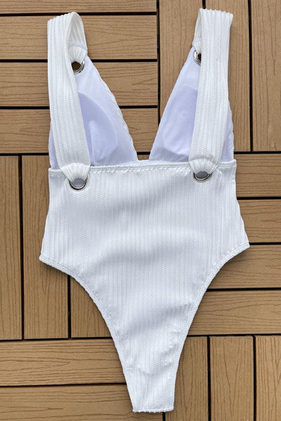 White Corduroy Ring High-Cut Sexy 1Pc Swimsuit Monokini - AMIClubwear
