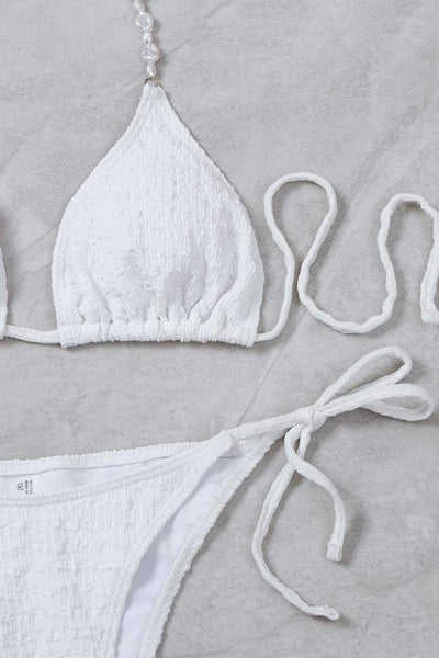 White Natural Pearl Straps Triangle Cheeky Cover-Up 3 Pc Swimsuit Set Bikini - AMIClubwear