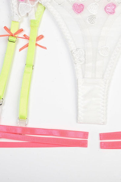 White Neon Hearts Embroider Mesh Bra Garter Belt Thong 5Pc Lingerie Set - AMIClubwear