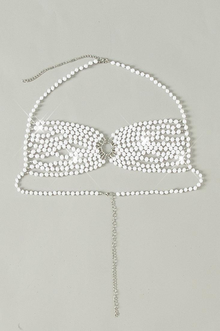 White Pearl Chain Ring Halter Sexy Bikini Top - AMIClubwear
