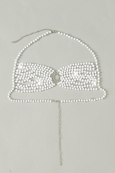White Pearl Chain Ring Halter Sexy Bikini Top - AMIClubwear