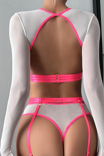 White Pink Mesh Strappy Long Sleeve Thong Garter Best 5Pc Lingerie Set - AMIClubwear