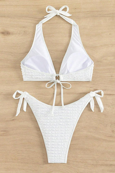 White Textured Heart Ring Halter Cheeky 2Pc Sexy Swimsuit Bikini - AMIClubwear