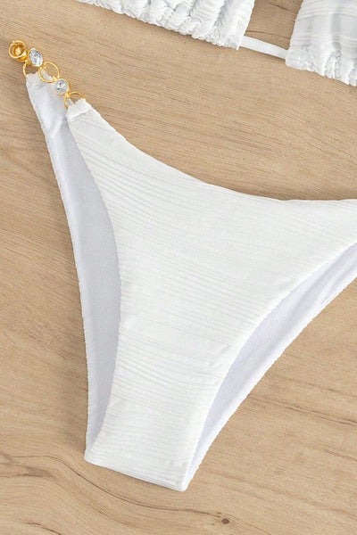 White Textured Rhinestone High Waist Cheeky 2Pc Sexy Swimsuit - AMIClubwear