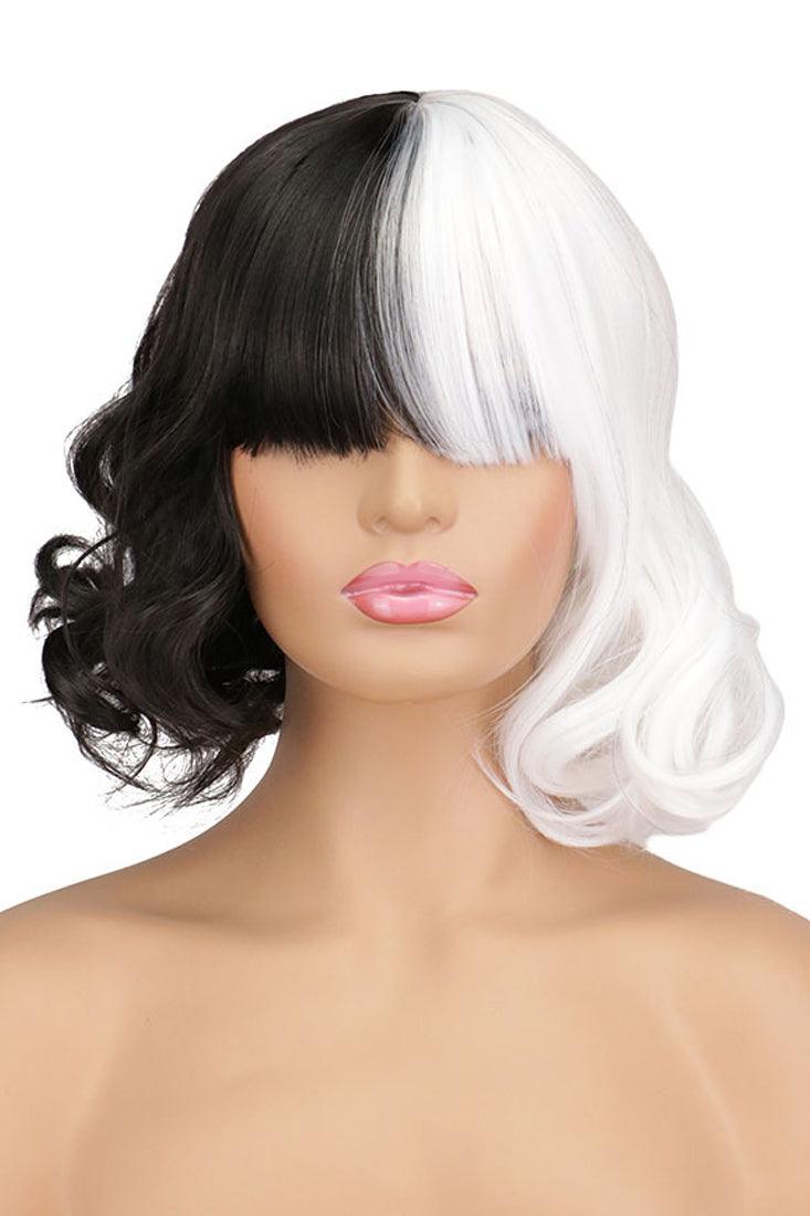 Black White Mid Length Wavy Two Tone Cruella Wig Costume Accessory - AMIClubwear