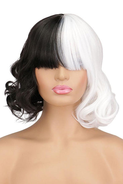 Black White Mid Length Wavy Two Tone Cruella Wig Costume Accessory