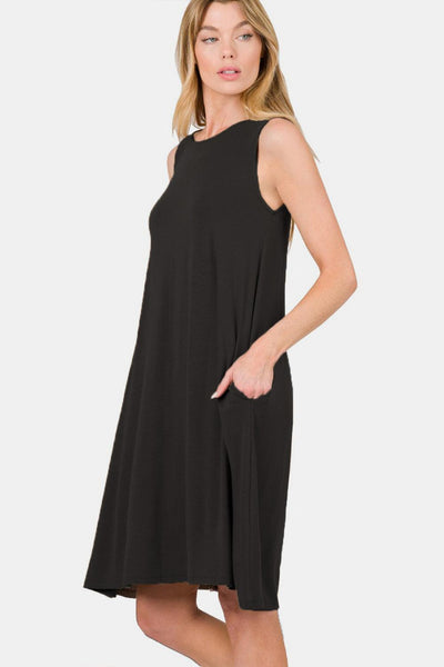 Zenana Full Size Sleeveless Flared Dress with Side Pockets - AMIClubwear