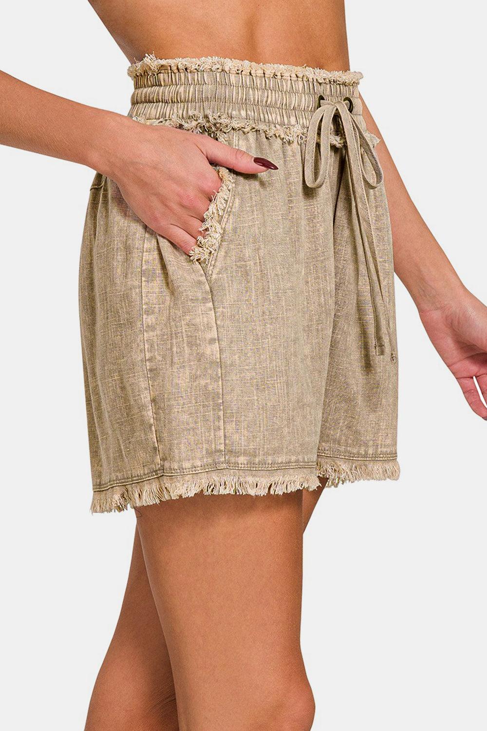 Zenana Washed Linen Frayed Hem Drawstring Shorts - AMIClubwear