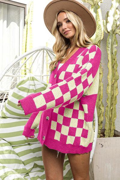 BiBi Button Up Checkered Contrast Cardigan - AMIClubwear