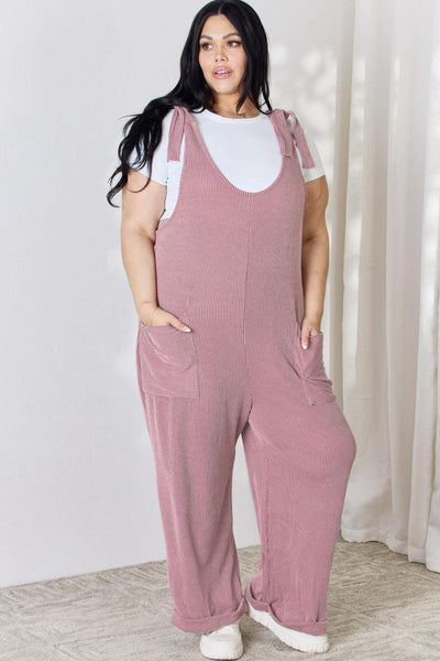 Celeste Full Size Ribbed Tie Shoulder Sleeveless Ankle Overalls - AMIClubwear
