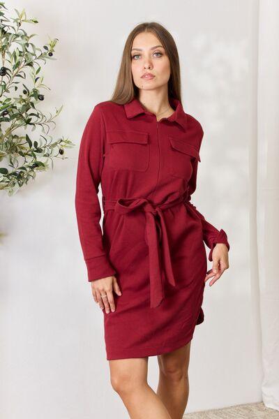 Culture Code Full Size Tie Front Half Zip Long Sleeve Shirt Dress - AMIClubwear