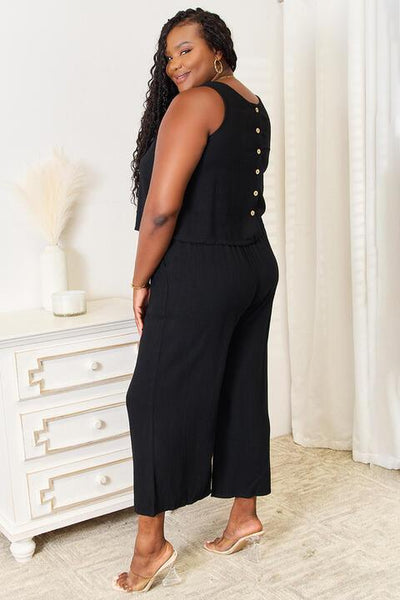Double Take Buttoned Round Neck Tank and Wide Leg Pants Set - AMIClubwear