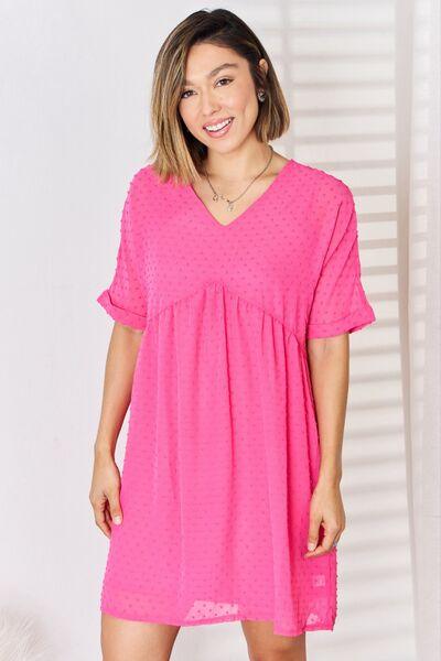 Zenana Swiss Dot Rolled Short Sleeve Babydoll Dress - AMIClubwear